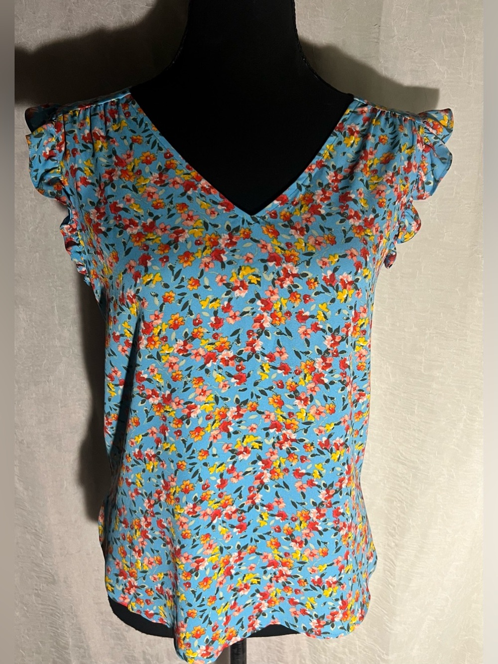 Women’s Floral V-Neck Ruffle Sleeve Top - Blue, orange & yellow